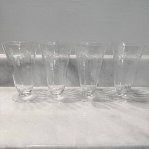 Lot of 4 Antique Clear Etched Flower Design Footed Crystal Pilsner Beer Glasses